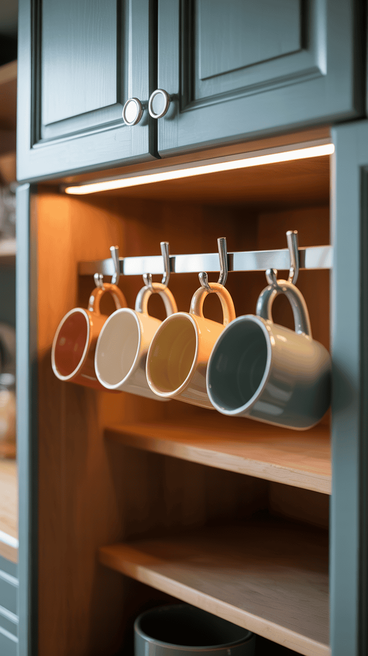 Coffee mugs hanging from storage hooks inside a kitchen cabinet door to save shelf space.