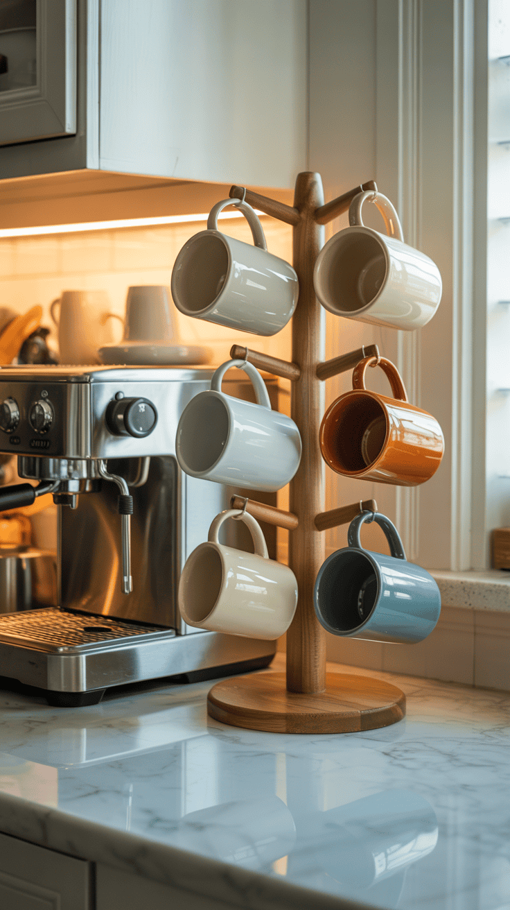 Freestanding mug tree holding everyday coffee mugs beside a coffee machine on the kitchen counter.