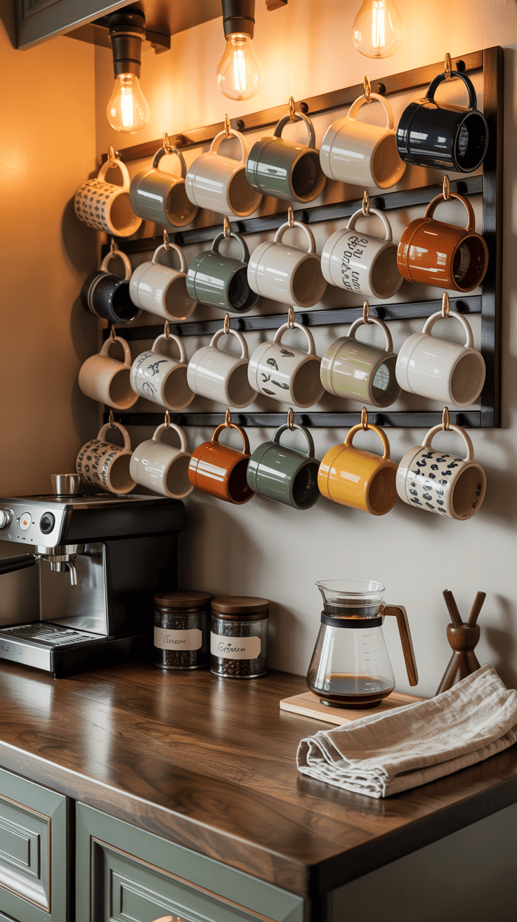 Coffee bar mug wall with rows of hanging mugs displayed on hooks above a home coffee station.