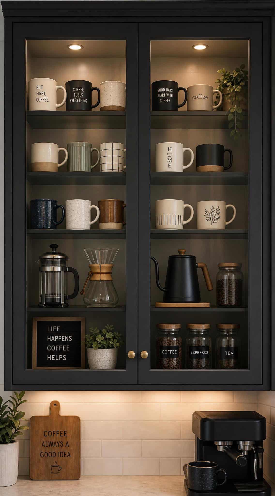 Glass front kitchen cabinet displaying an organized collection of coffee mugs and coffee accessories.