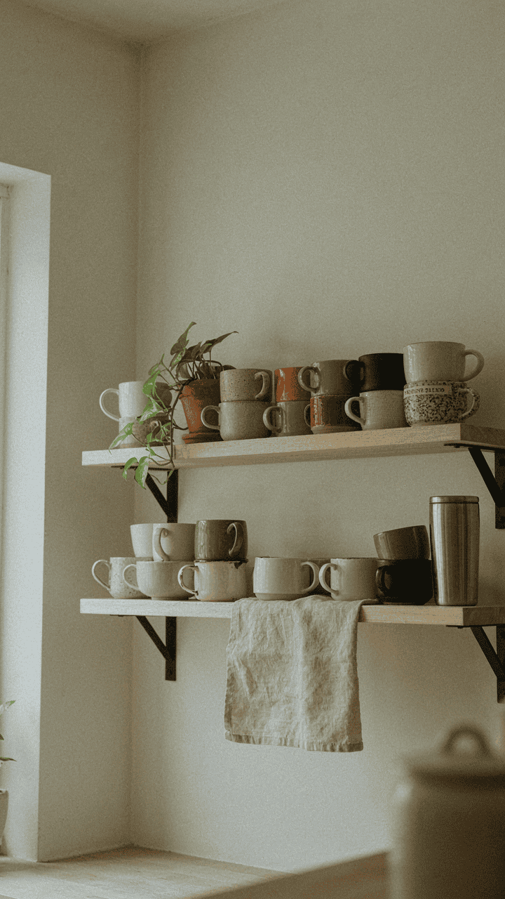 Corner kitchen mug storage with compact shelves and neatly arranged coffee mugs in a small space.