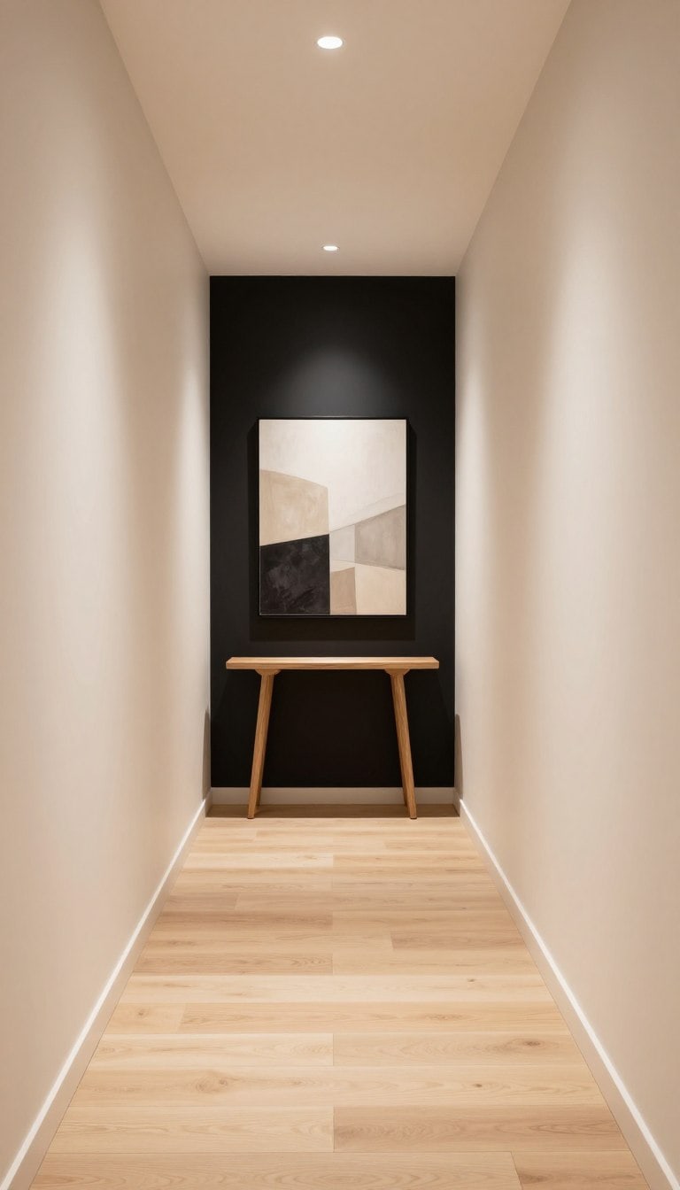 black hallway feature walls with a black end wall at the end of a long hallway