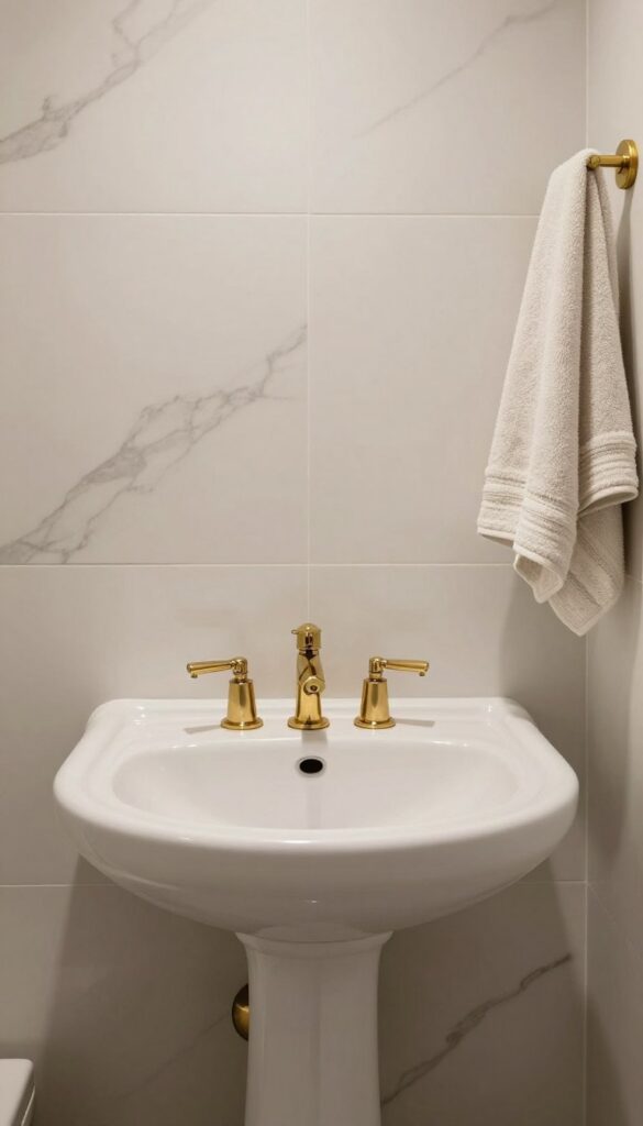marble-look tile with a pedestal sink