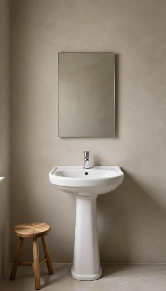 minimal pedestal sink with plaster-look walls