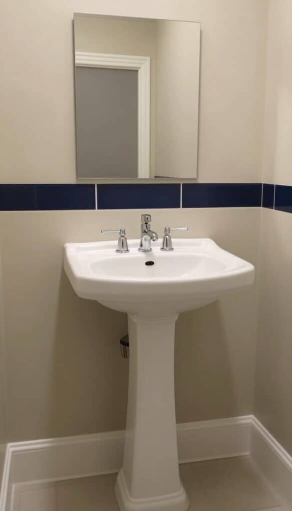 pedestal sink bathroom color palette with warm and moody walls