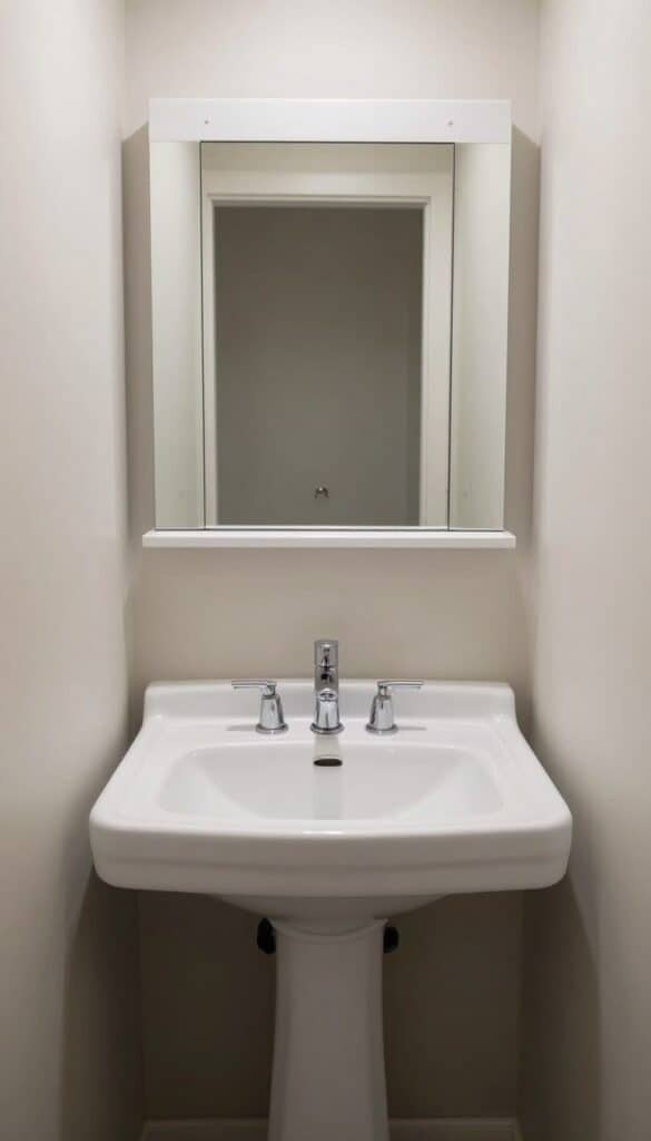 wall storage around a pedestal sink in a small bath