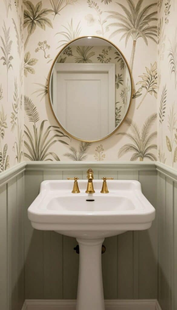 wallpaper above a pedestal sink
