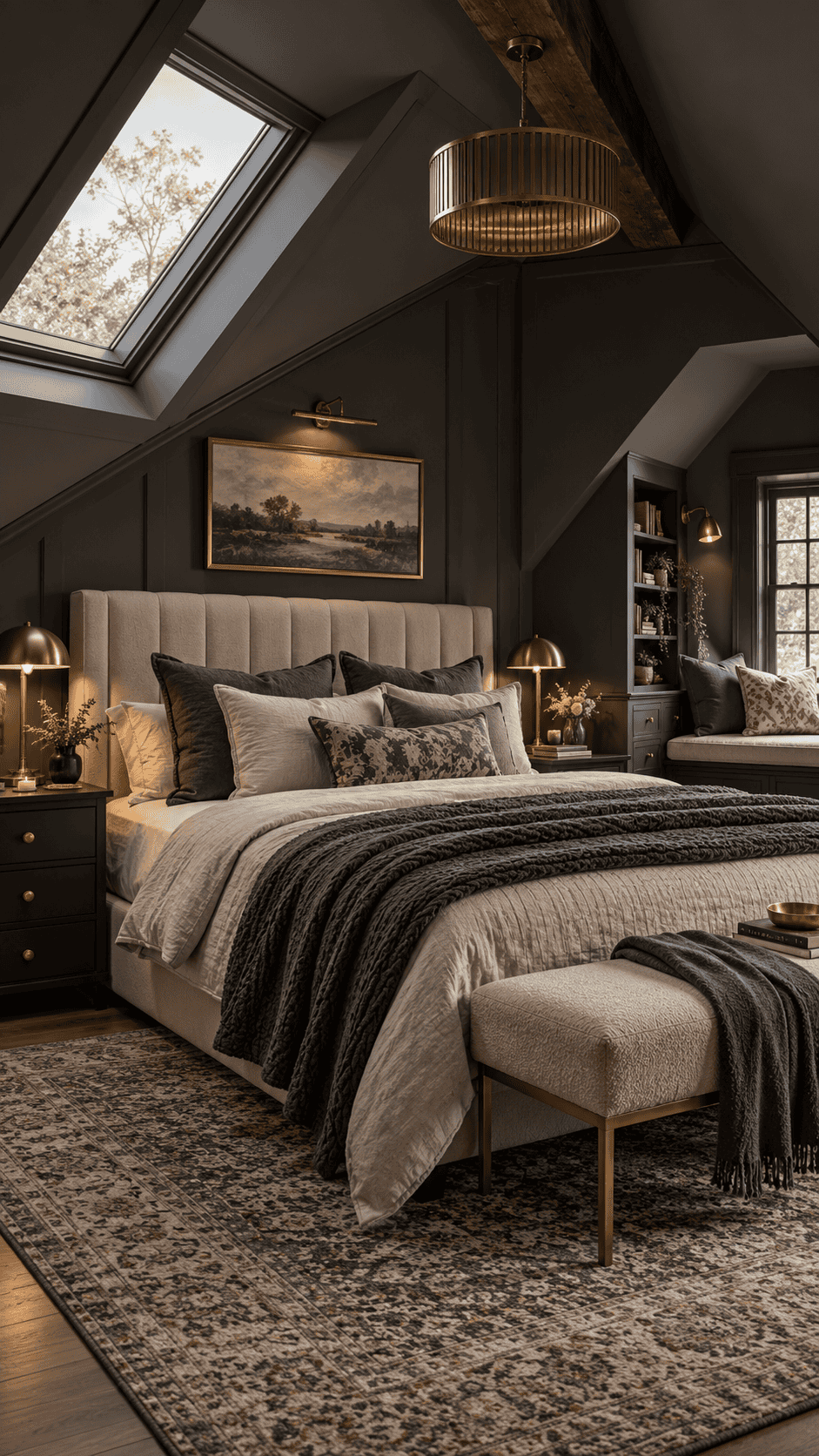 Deep graphite grey attic bedroom with cream headboard and brass accents