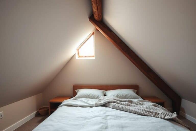 A bright attic bedroom with sloped ceilings and layered neutral textiles
