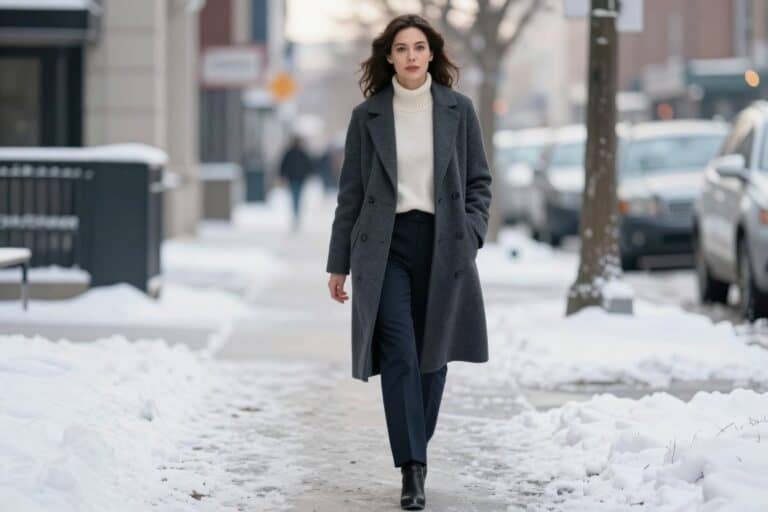 A stylish woman showcasing urban winter outfits for women on a city street