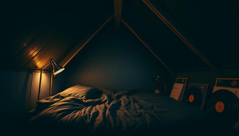 Atmospheric grunge attic bedroom featuring dark walls, exposed beams, and low bed