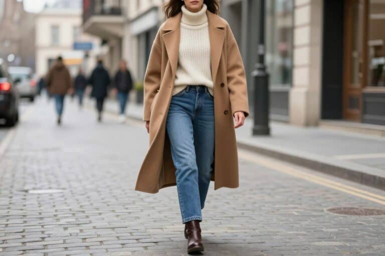 Casual winter jeans outfits for women styled with coats and boots