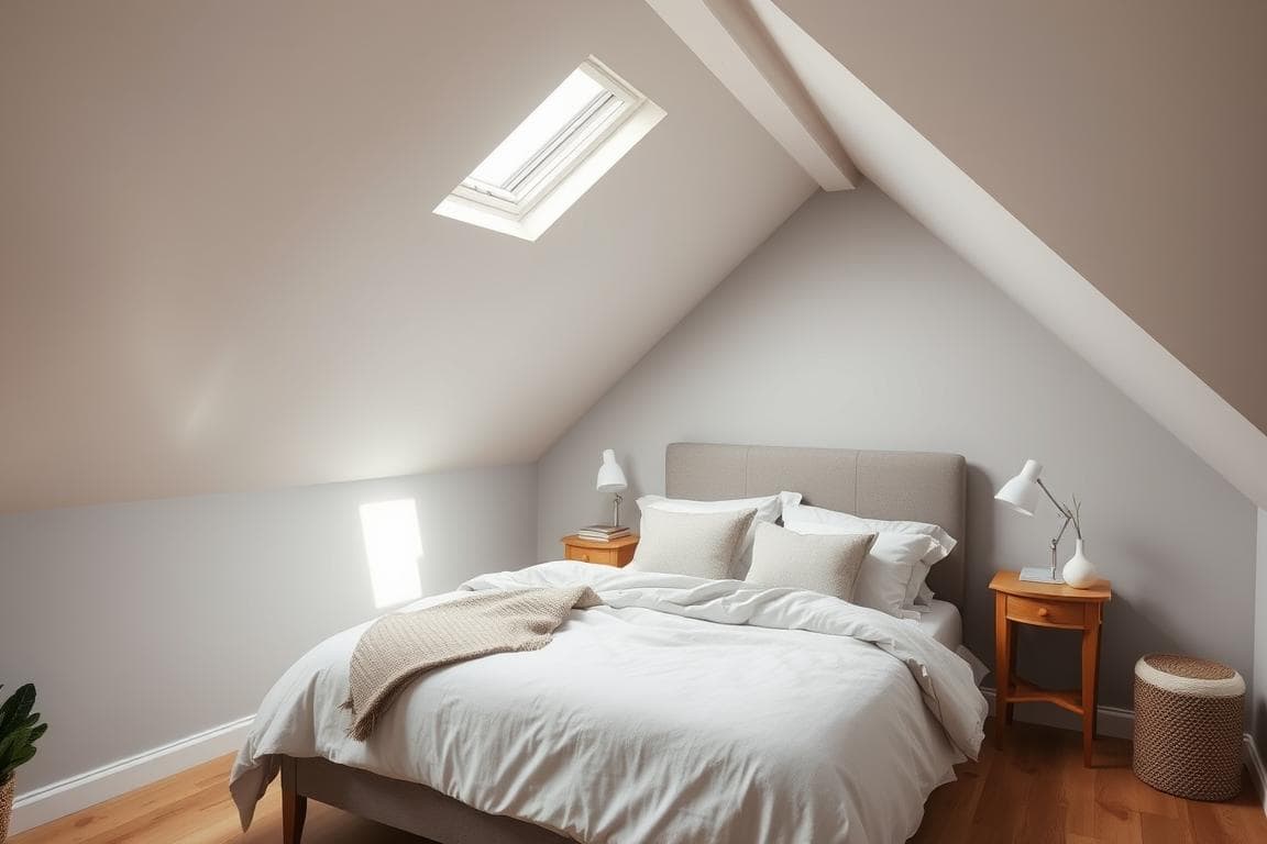 Cosy attic bedroom with grey walls and sloping ceilings