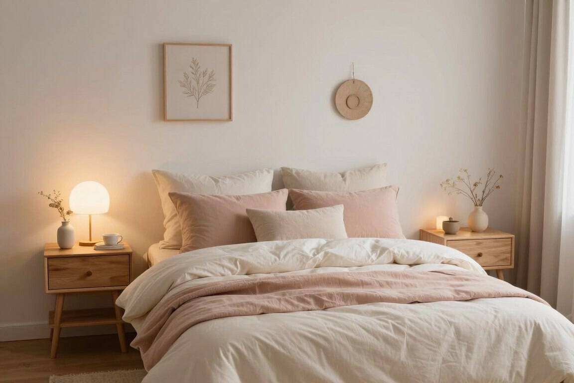 Cute and cozy bedroom looks with layered neutral bedding and soft lamp lighting