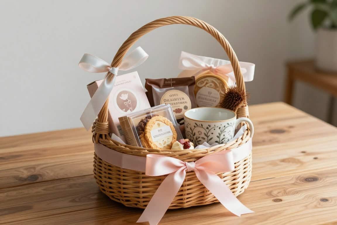 Handcrafted gift baskets for Mom decorated with silk ribbon