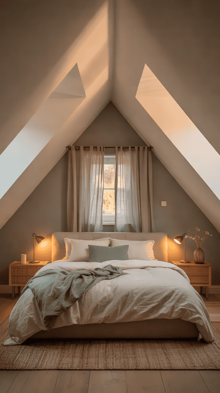 Attic bedroom featuring soft dove grey walls and warm white sloping ceiling