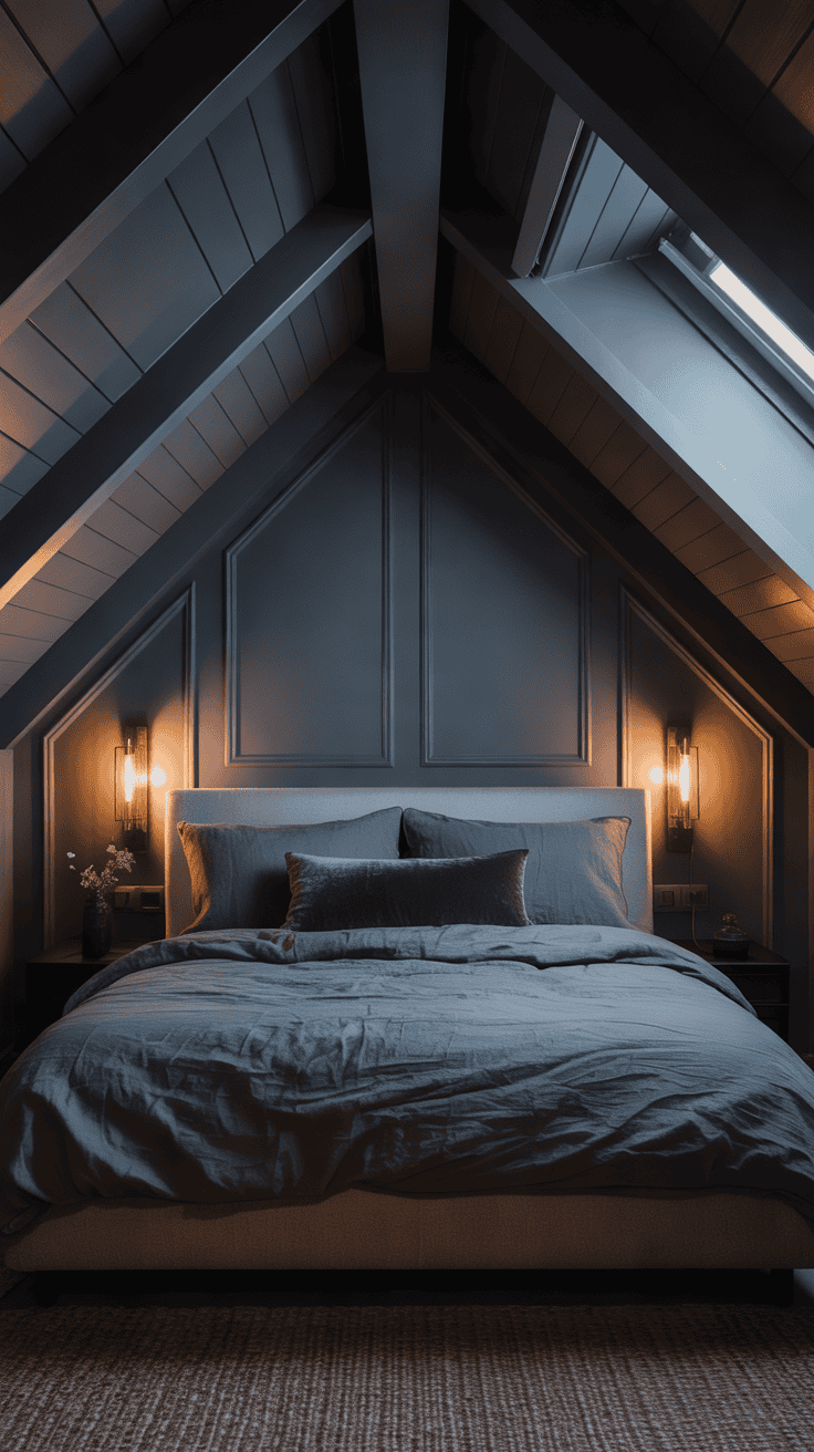Charcoal grey colour-drenched attic bedroom with brass wall sconces