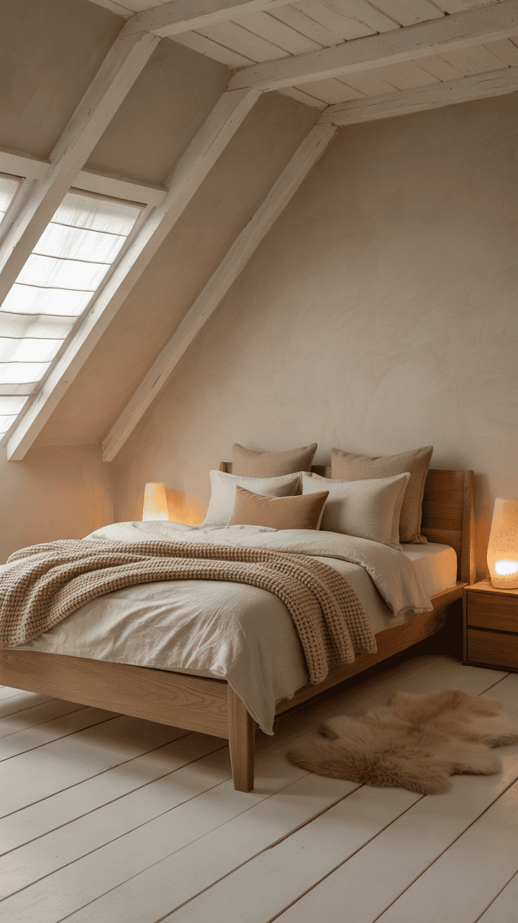 Warm greige attic bedroom with Scandinavian oak bed and neutral textiles