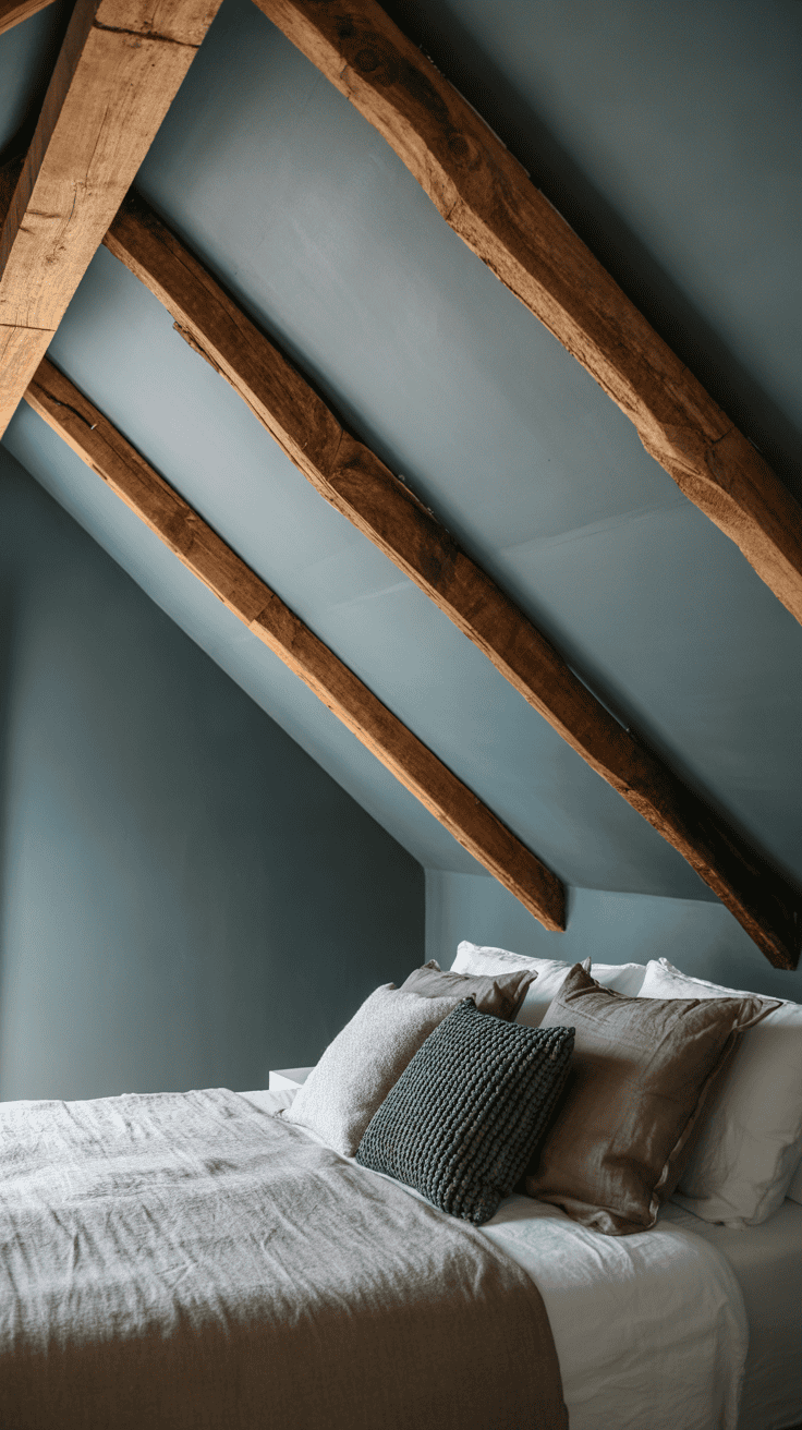 Slate grey attic bedroom with rustic exposed timber roof beams