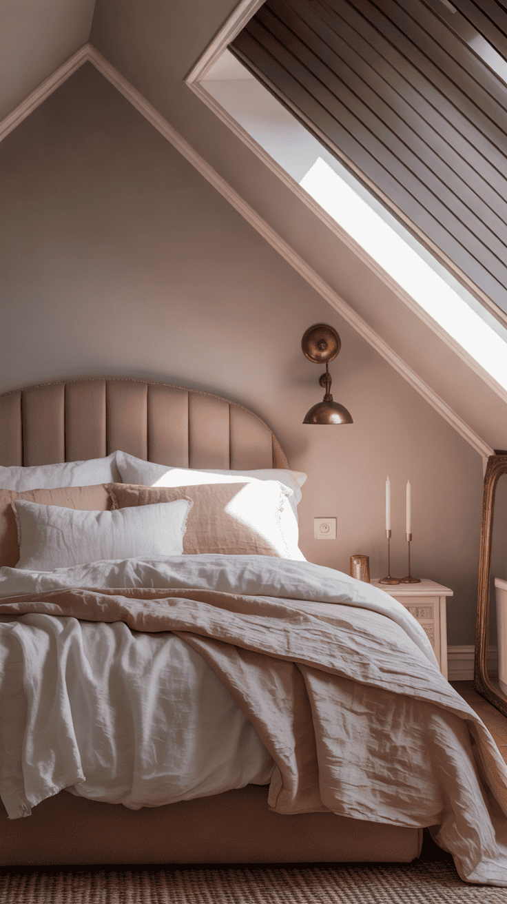 Pearl grey attic bedroom with dusty pink headboard and brass accents