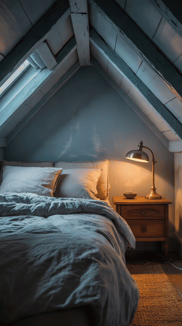 Smoky blue-grey attic bedroom with dark oak nightstand and warm lamp