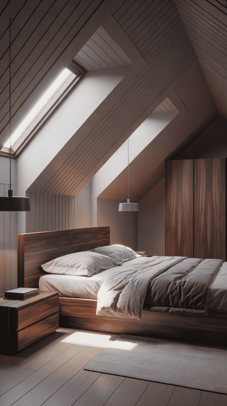 Mid-grey modern attic bedroom with rich dark walnut furniture