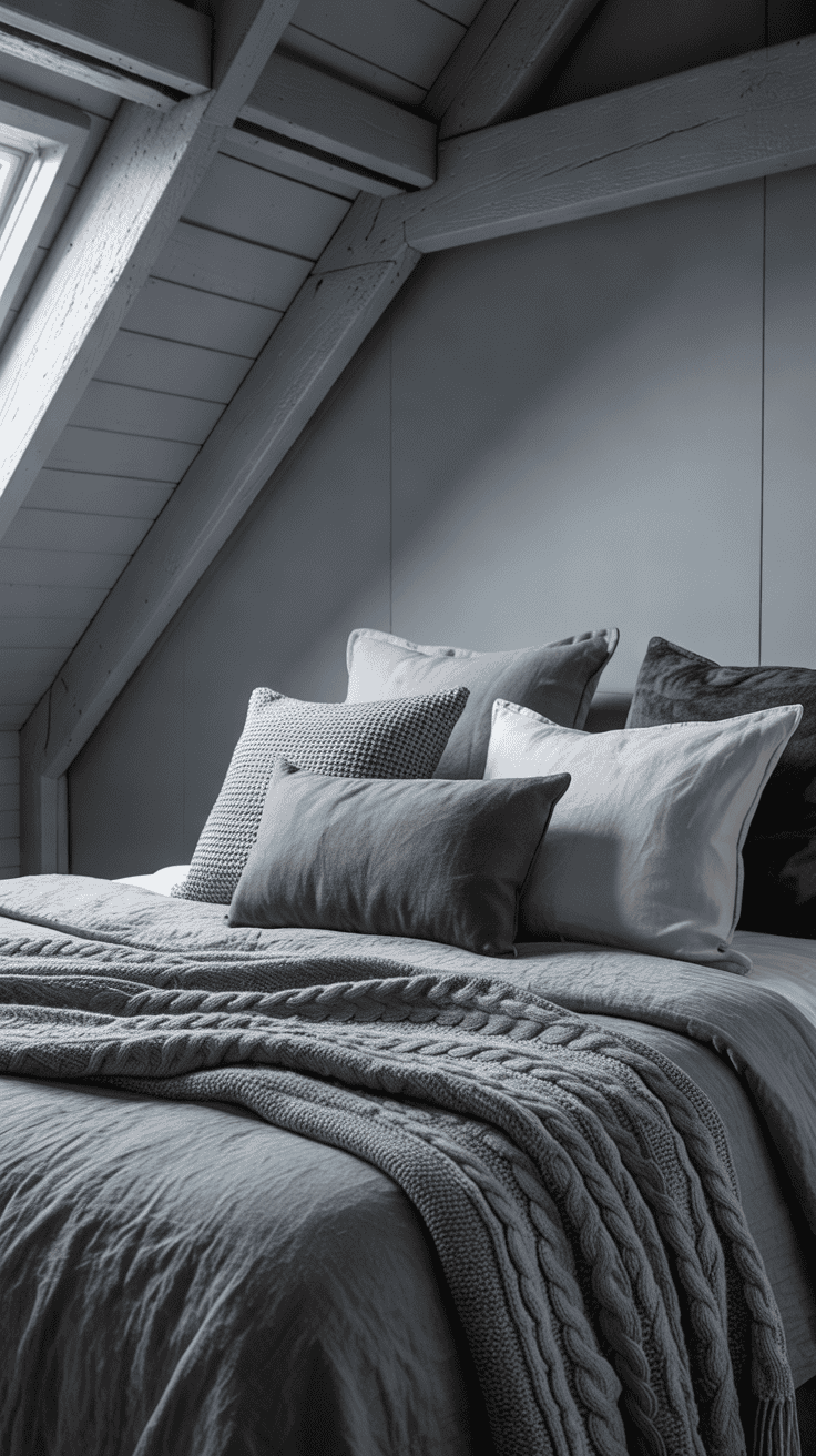 Monochrome grey attic bedroom with layered textiles and textured throw