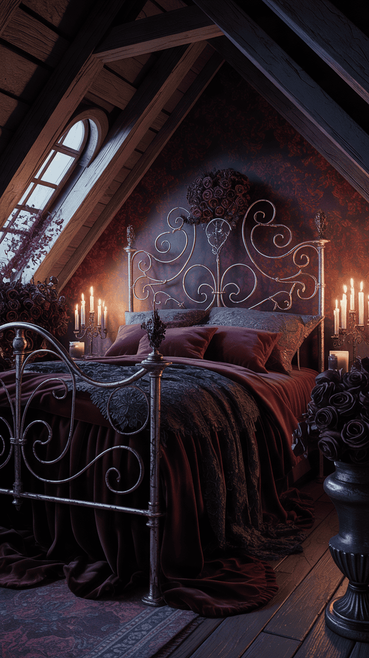 Burgundy and black dark romantic attic bedroom with wrought iron bed Burgundy and black dark romantic attic bedroom with wrought iron bed