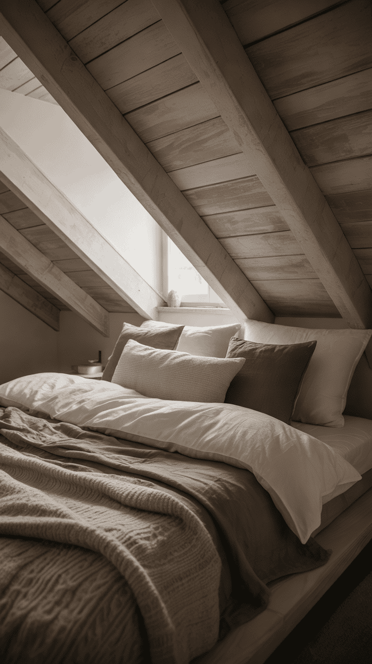 Low platform bed under attic eaves with layered monochrome bedding Low platform bed under attic eaves with layered monochrome bedding