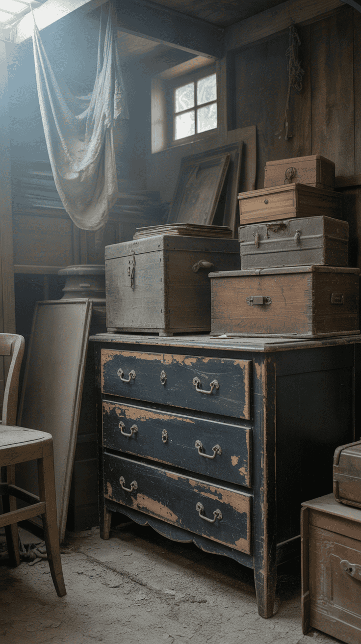 Distressed black vintage dresser and aged wooden furniture in an attic Distressed black vintage dresser and aged wooden furniture in an attic