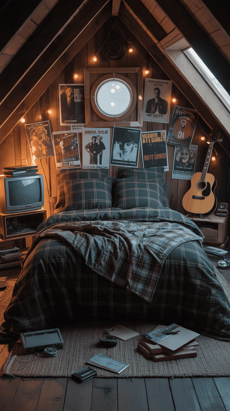 Dark plaid bedding and 90s grunge bedroom decor in an attic Dark plaid bedding and 90s grunge bedroom decor in an attic