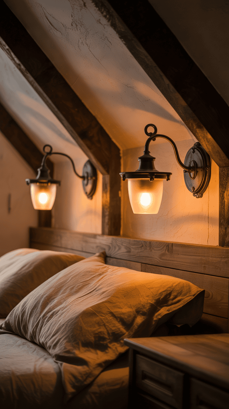 Black metal wall sconces with warm amber glow in an attic bedroom Black metal wall sconces with warm amber glow in an attic bedroom