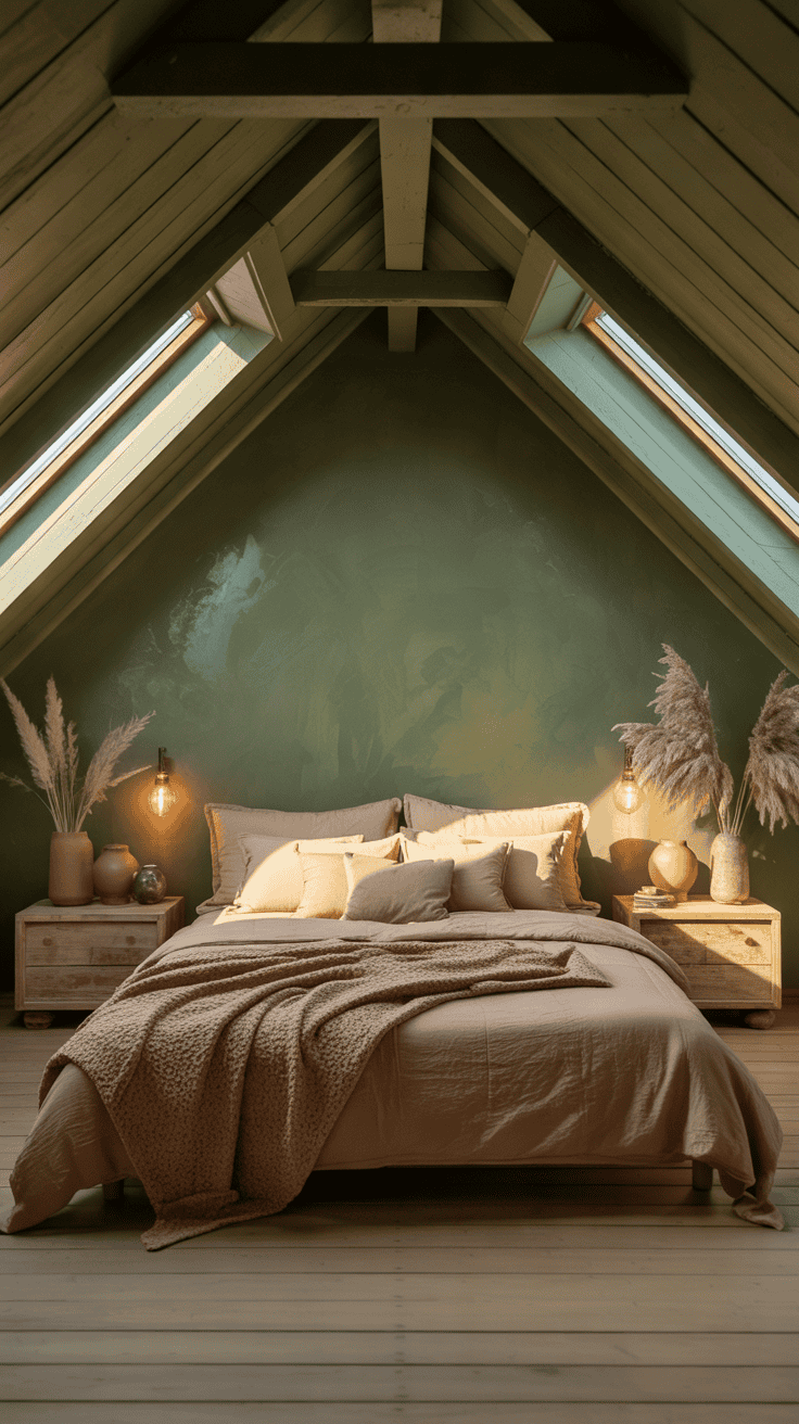 Earthy attic bedroom with olive green walls and warm taupe textiles