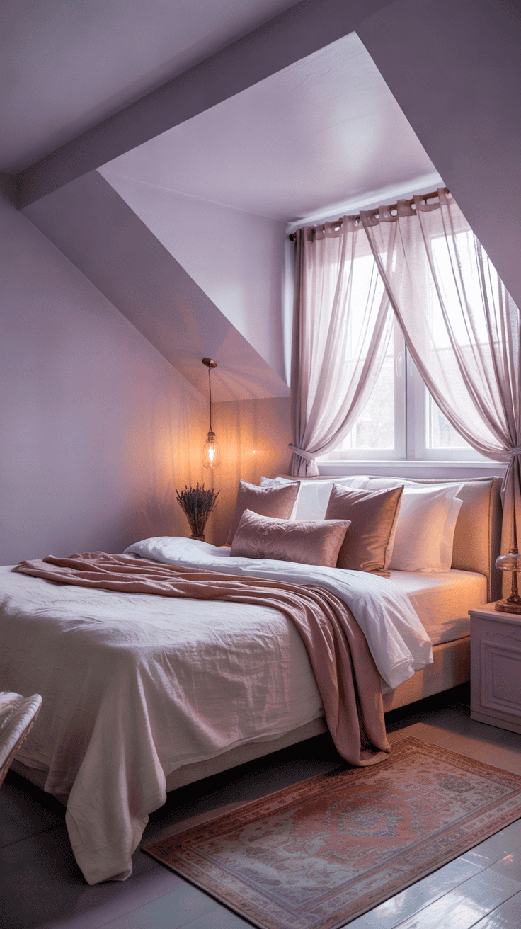 Romantic loft bedroom with lavender grey walls and soft white sloped ceiling