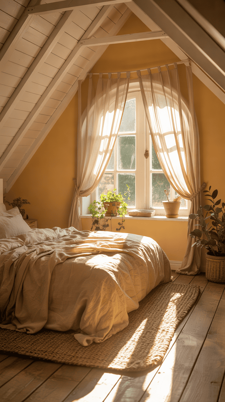 Sunlit attic bedroom with soft butter yellow walls and ivory ceiling