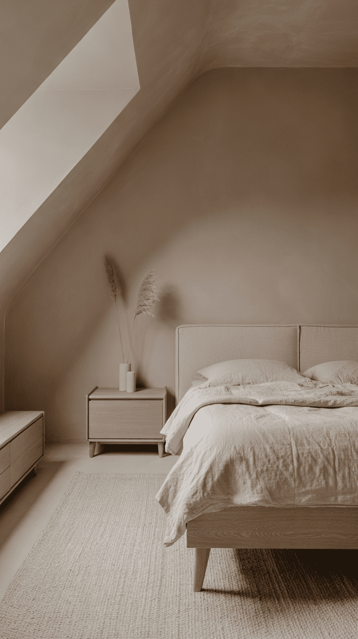 Minimalist attic bedroom styled in monochrome soft greige with low oak furniture