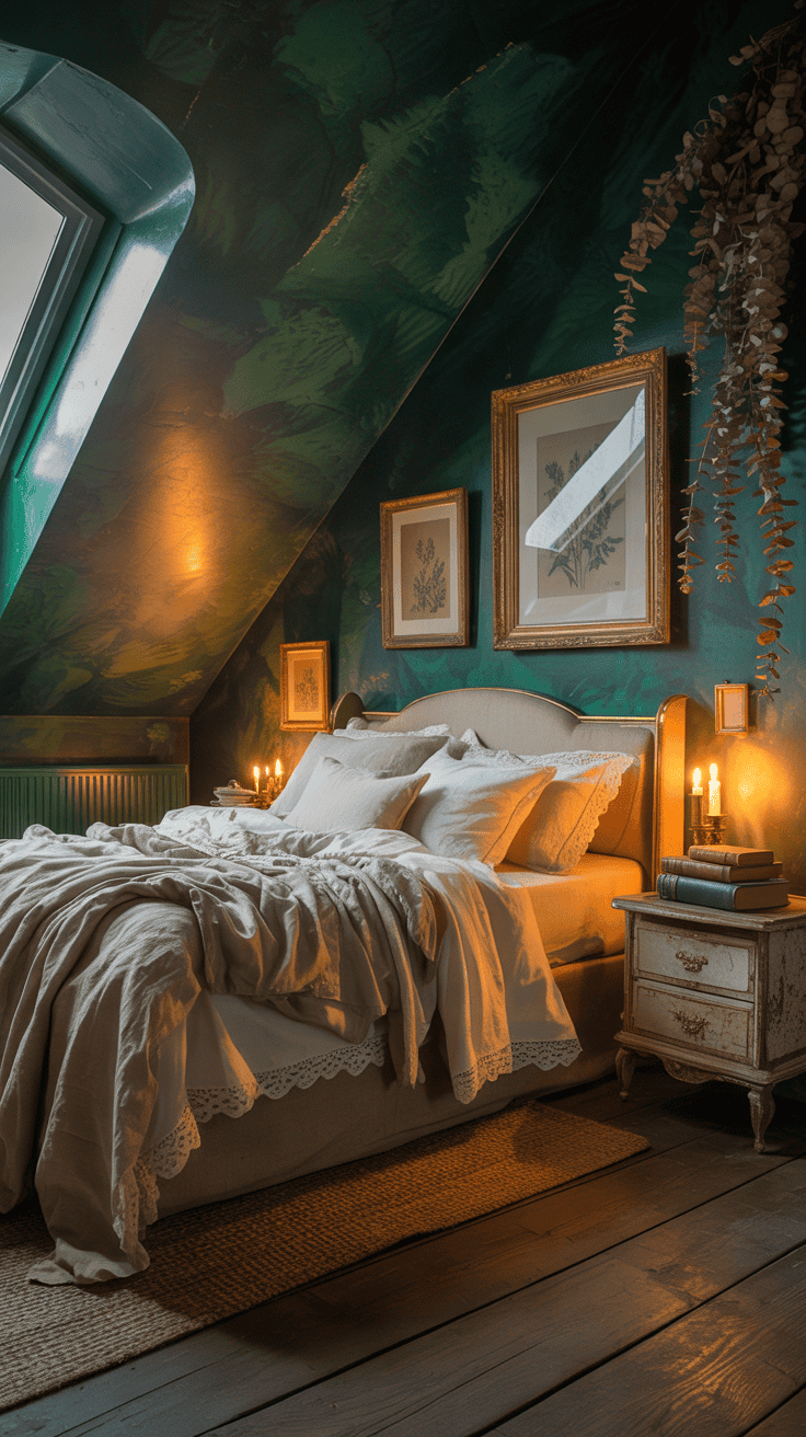 Dramatic attic bedroom with deep forest green walls and antique cream linens