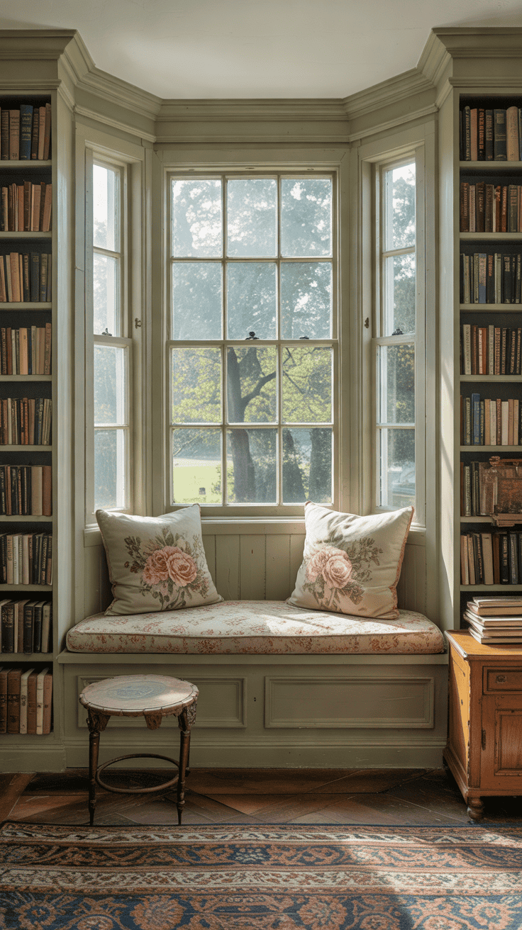 Charming English country house library bay window with painted sage green bookshelves, cream cushioned window bench, faded rose floral cushions, antique oak side table, traditional sash windows, and a soft patterned wool rug.