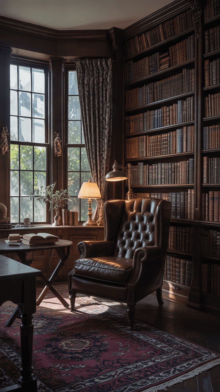 Moody dark academia home library with a tall Victorian bay window, rich walnut bookshelves filled with vintage books, deep brown leather reading chair, antique brass reading lamp, burgundy Persian rug, and warm afternoon sunlight.