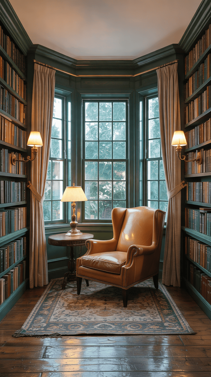 Elegant home library with floor-to-ceiling forest green bookshelves surrounding a large bay window, dark green painted walls, tan leather armchair, antique brass wall sconces, cream curtains, and richly textured wooden flooring.