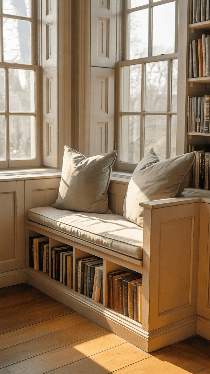 Beautiful traditional library bay window with built-in cream wooden storage bench, lift-up upholstered seat cushion, neatly arranged books in lower open cubbies, sage green pillows, warm oak flooring, and tall sash windows.