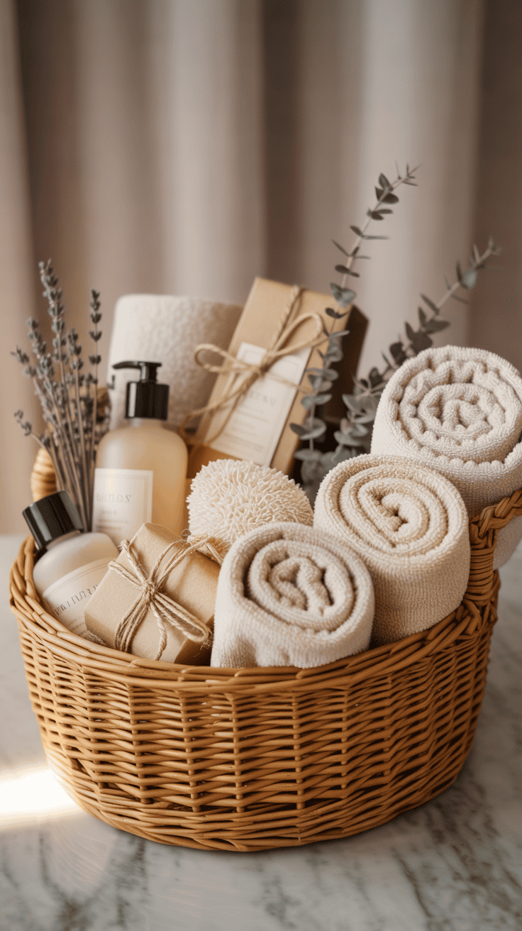Luxury spa gift basket with rolled cream towels and artisan bath products