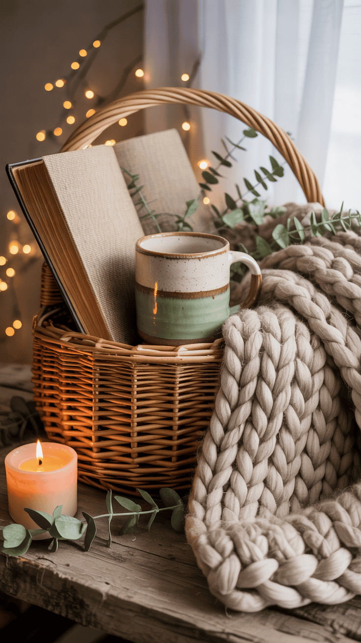 Cozy reading gift basket with a hardback book, ceramic mug, and knitted throw