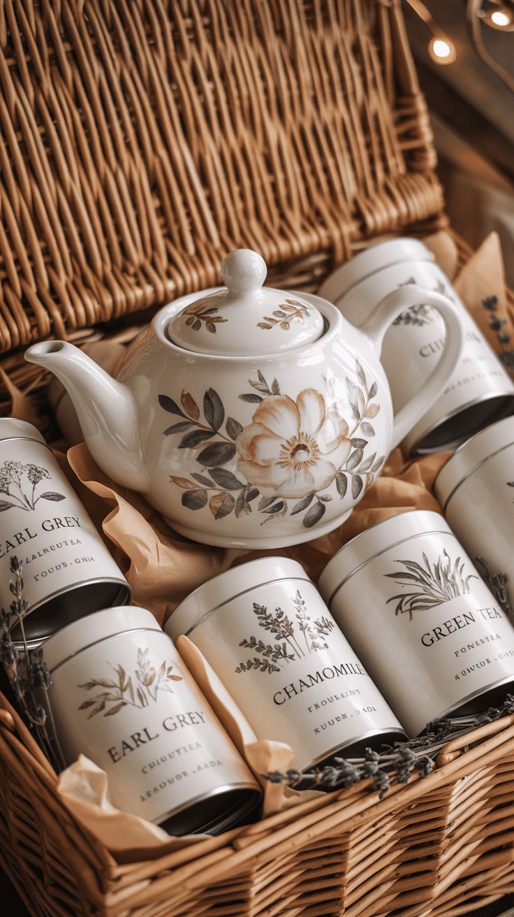 Floral ceramic teapot and loose-leaf tea canisters in a gift hamper