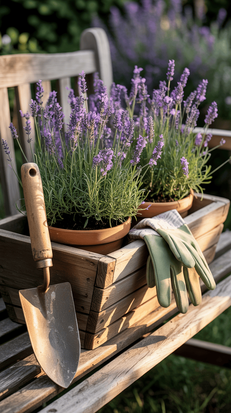 Wooden garden trug filled with potted lavender, trowel, and gardening gloves