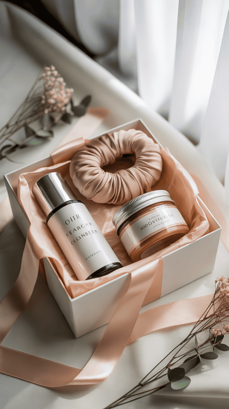 Skincare gift box with facial cleanser, moisturiser, and satin headband