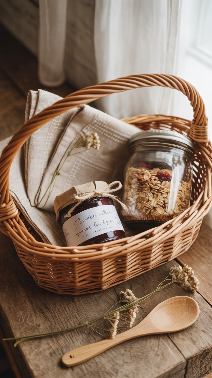 Wicker breakfast basket with artisan jam, granola jar, and linen napkins