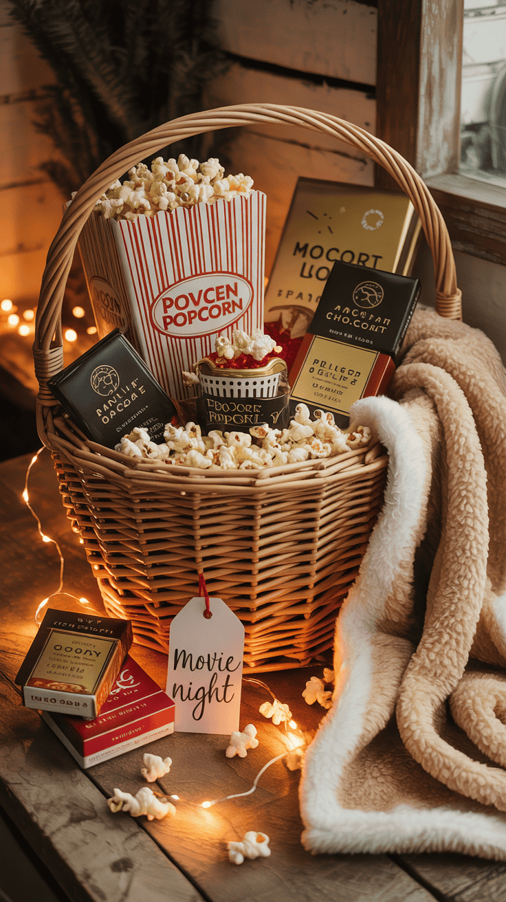 Movie night gift basket with gourmet popcorn, chocolate, and plush blanket