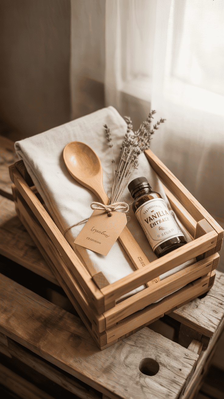 Baking gift crate with cotton apron, wooden spoon, and vanilla extract