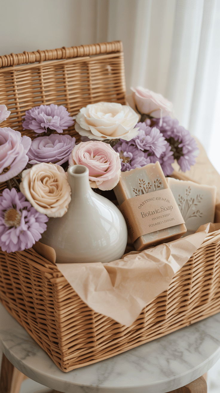 Floral gift hamper with fresh pastel blooms, ceramic vase, and botanical soap